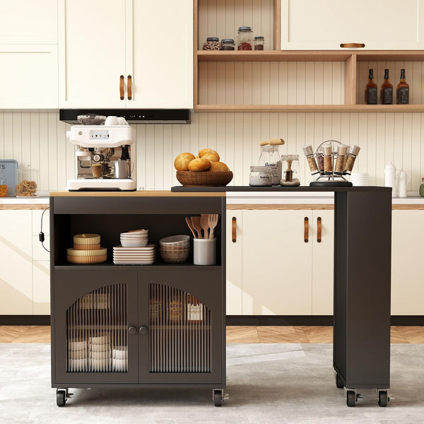 Rolling Kitchen Island with Power Outlet, LED Light & Glass Doors
