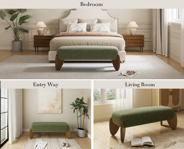 Bouclé Upholstered Bench with Scalloped Wooden Legs – 50 Inch