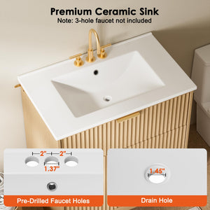 30-Inch Fluted Bathroom Vanity with Ceramic Sink and Storage Cabinet