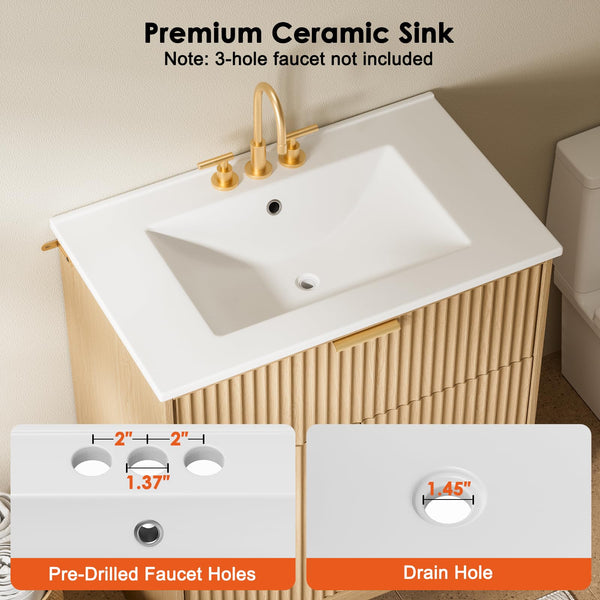 30-Inch Fluted Bathroom Vanity with Ceramic Sink and Storage Cabinet