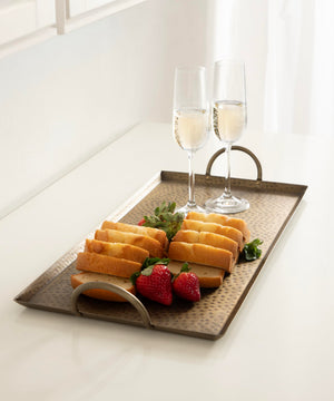 Hammered Rectangle Metal Decorative Tray with Handles