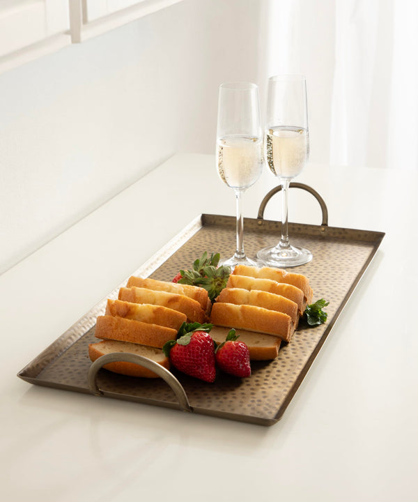 Hammered Rectangle Metal Decorative Tray with Handles