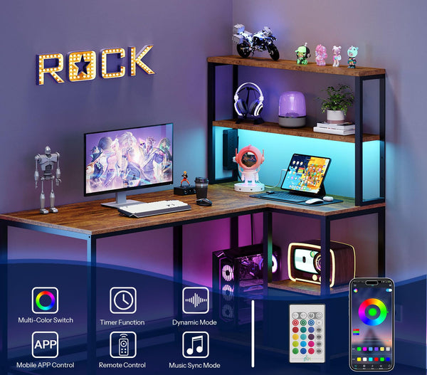 L-Shaped Gaming Desk with LED Light, Power Outlet & Storage Shelves, 46"