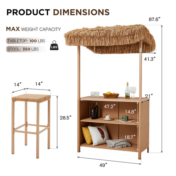 3-Piece Outdoor Tiki Bar Set with Stools & Canopy