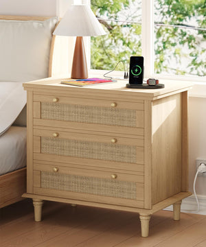 Wide Rattan Nightstand with Charging Station & 3 Drawers