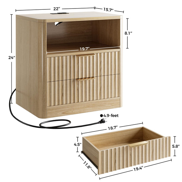 Fluted Nightstand Set of 2 with Charging Station