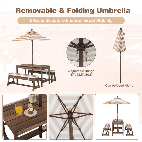 Kids Outdoor Wooden Picnic Table & Bench Set with Umbrella