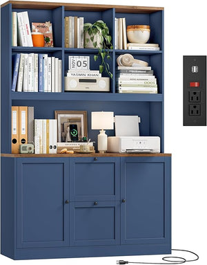 72-Inch Tall Bookcase with Power Outlet, File Drawers & Cabinet Doors