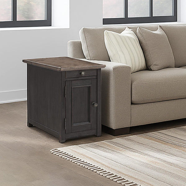 Rustic Chair Side End Table with Pull-Out Tray & USB Ports