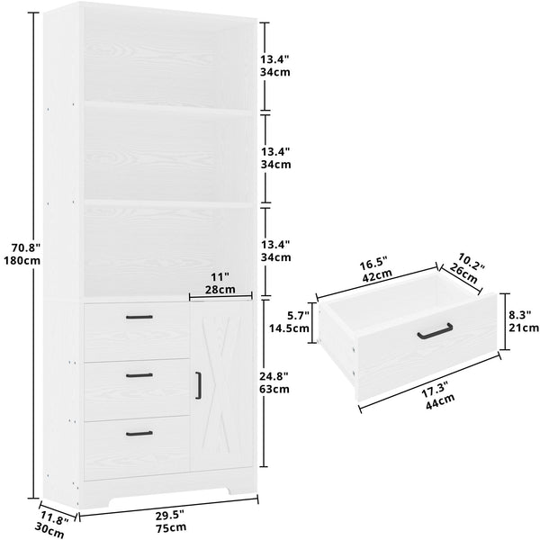 71-Inch Tall Bookcase with Cabinet and 3 Drawers