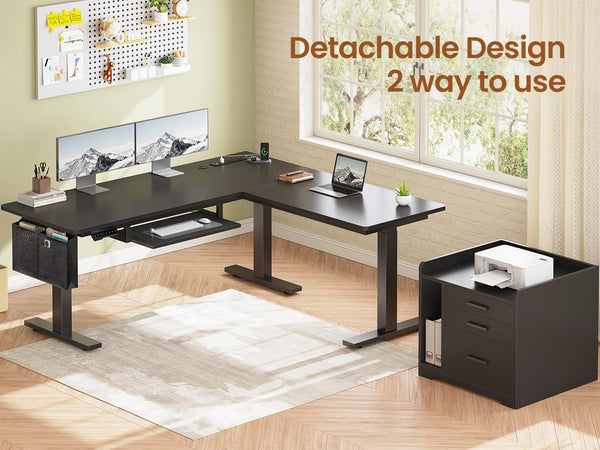 L-Shaped Electric Standing Desk with File Cabinet & Storage