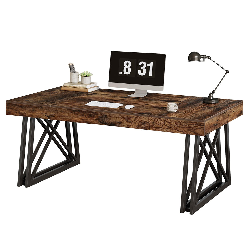 63-Inch Farmhouse Executive Desk with X-Shaped Metal Legs