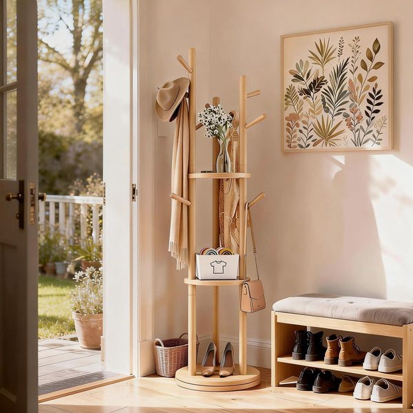 Solid Wood Rotary Coat Rack with Shelves & Hooks