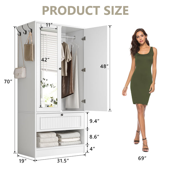 Wood Armoire Wardrobe with Mirror & Drawer