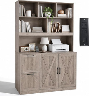 72" Tall Bookshelf with Power Outlet & File Cabinet