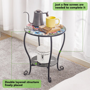 Mosaic Round Side Table – Metal, Two-Tier, Indoor & Outdoor