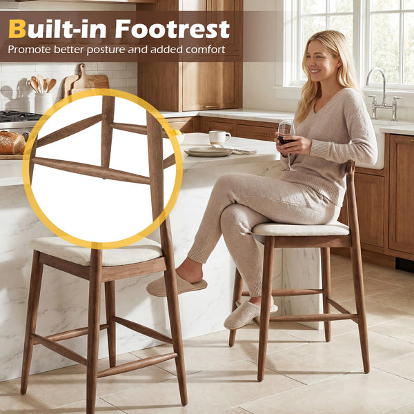Counter Height Bar Stools Set of 4 – Upholstered Cushioned Seats with Curved Back & Footrest