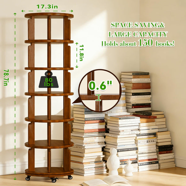 6-Tier 360° Rotating Bookshelf with Wheels