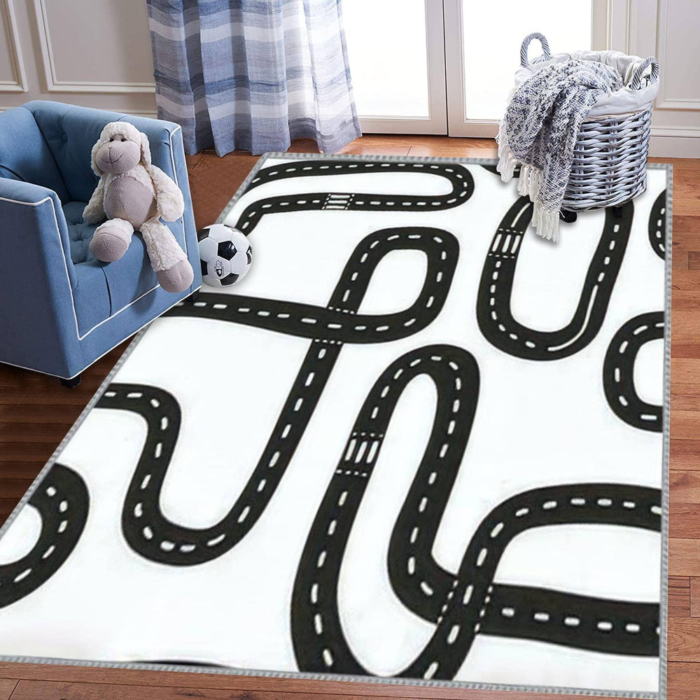 Kids Road Map Play Area Rug, Black & White, 5x8 ft