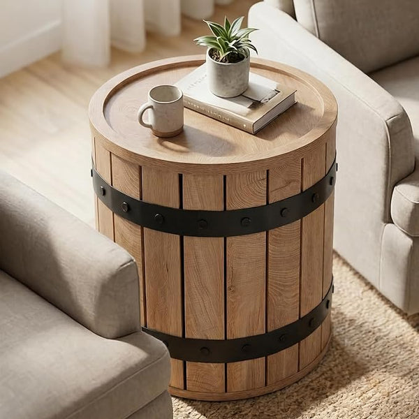 Farmhouse Barrel Side Table with Hidden Storage