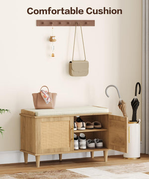 Rattan Shoe Storage Bench with Cushion & Adjustable Shelves