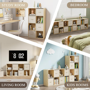 Cube Storage Organizer with Fabric Bins — Solid Wood Bookshelf