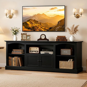 LUCKLIFE 71" TV Stand for TVs up to 80 Inch,Modern Farmhouse Entertainment Center with Arched Cabinet Doors & Open Adjustable Storage Shelves,Media Console Table for Living Room (Black, 71 inch)