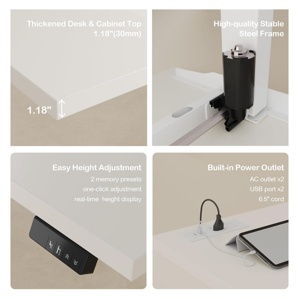 L-Shaped Electric Standing Desk with Storage & Charging Station