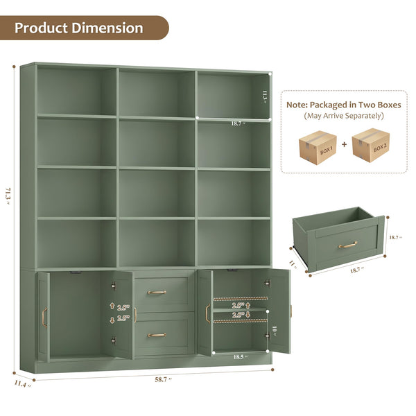 71" Tall Triple Wide Bookshelf with Doors & Drawers