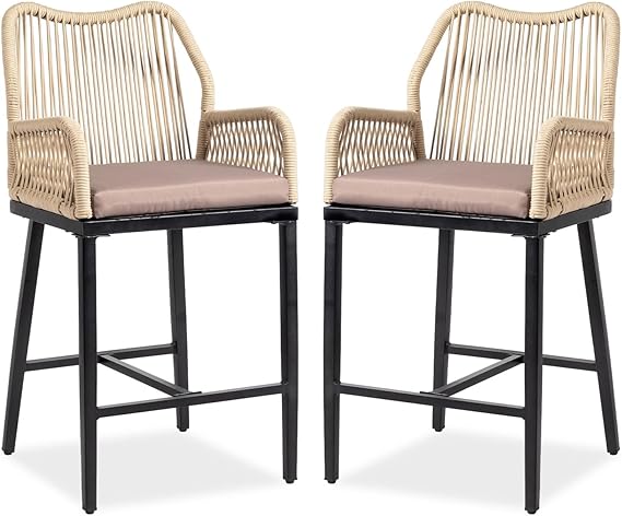 Outdoor Counter Height Bar Stools with Wicker Backrest