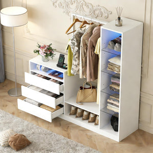 LED Wardrobe with Hanging Rod, Drawers & Charging Station