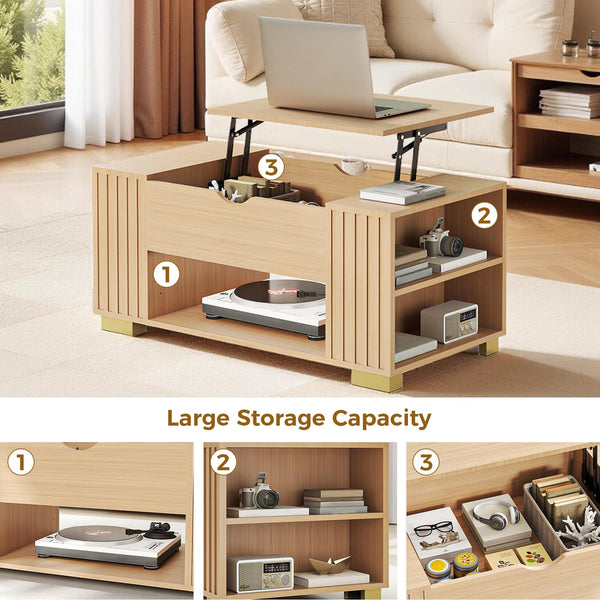 Lift Top Coffee Table with Hidden Storage & Adjustable Shelves