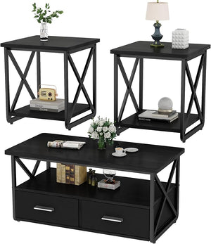 3 Piece Coffee Table Set with Fabric Drawers and Storage Shelves