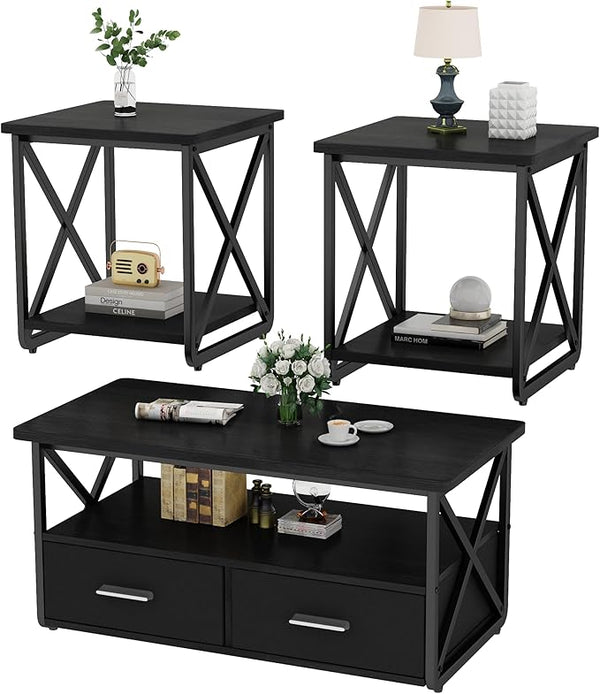 3 Piece Coffee Table Set with Fabric Drawers and Storage Shelves