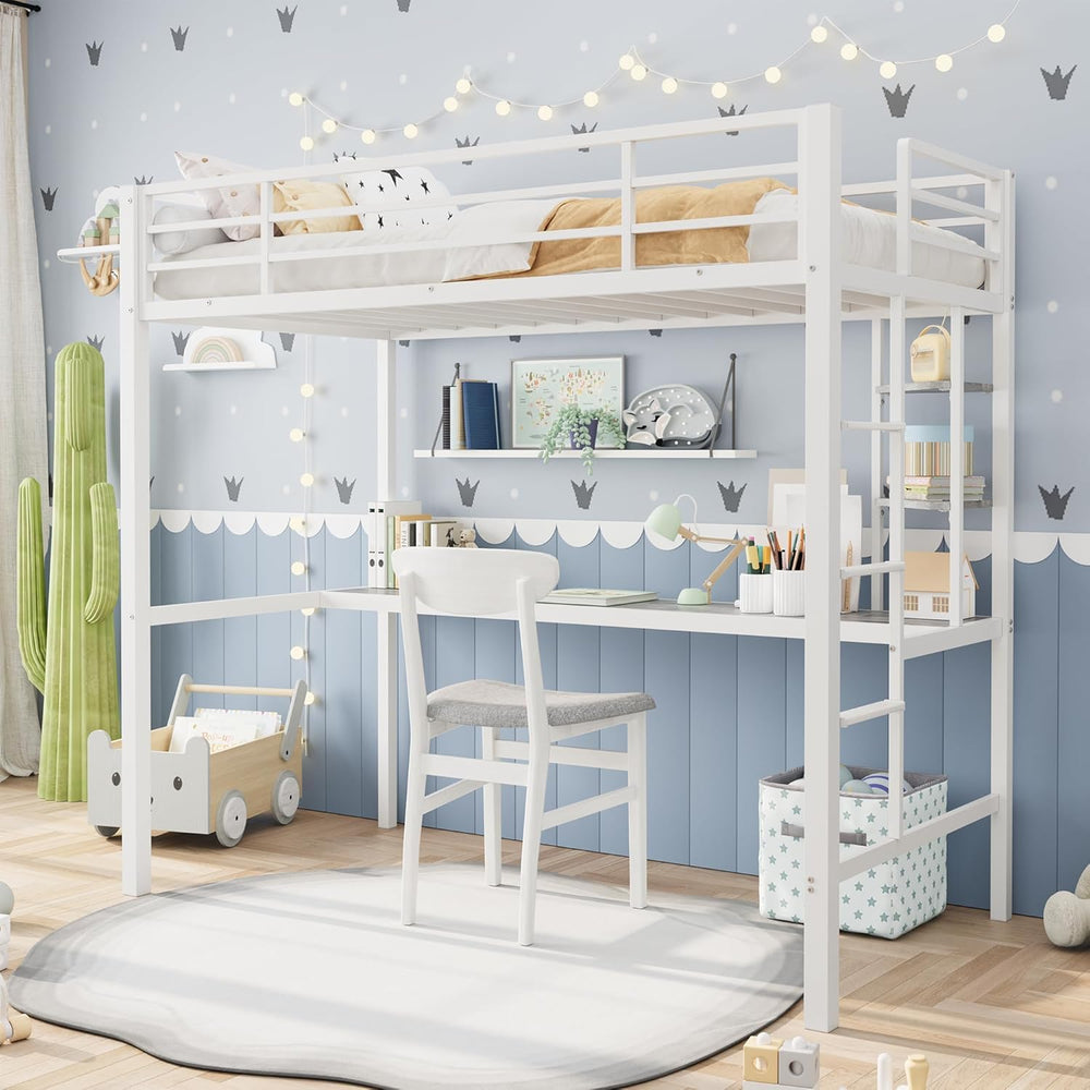 Twin Size Metal Loft Bed with Desk and Storage Shelves