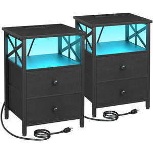 Nightstand Set of 2 with Charging Station & LED Lights