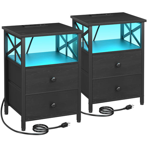 Nightstand Set of 2 with Charging Station & LED Lights