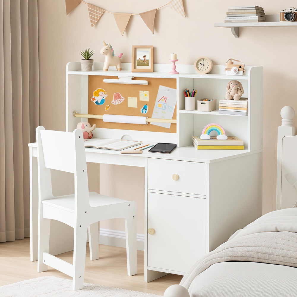 Kids Study Desk and Chair Set with Hutch, Storage Cabinet & Night Light