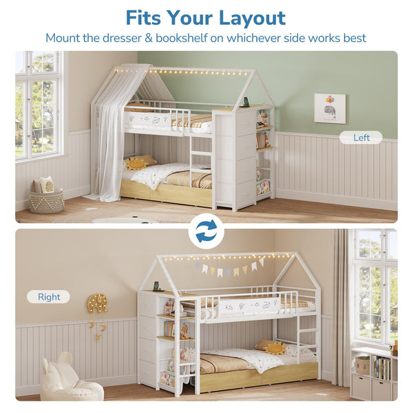 Twin Low Bunk Bed with Storage Drawers & House Design