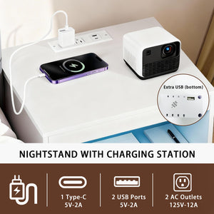 LED Nightstand with Charging Station, 2 Drawers & Open Compartment