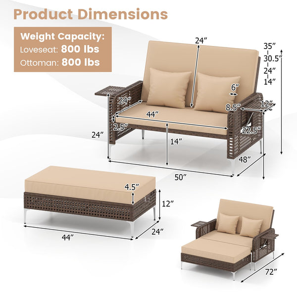 Patio Rattan Daybed with Adjustable Backrest & Storage Ottoman