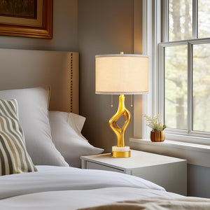 Gold Sculptural Table Lamp Set of 2 with USB Ports & Marble Base