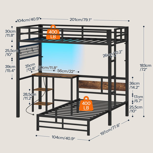 Twin Over Twin L-Shaped Bunk Bed with Desk, LED Lights & Stairs