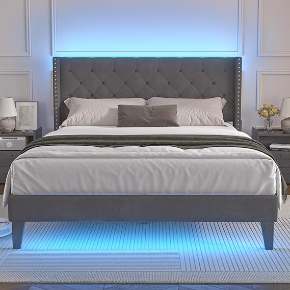 LED Upholstered Platform Bed Frame with Headboard & Footboard