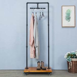 Industrial Pipe & Wood Rolling Garment Rack
