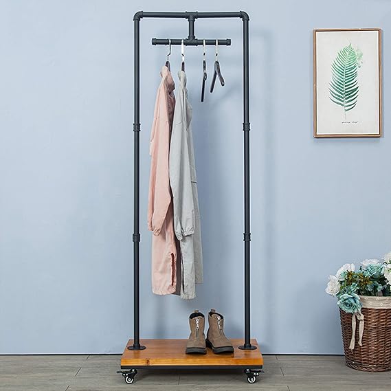 Industrial Pipe & Wood Rolling Garment Rack