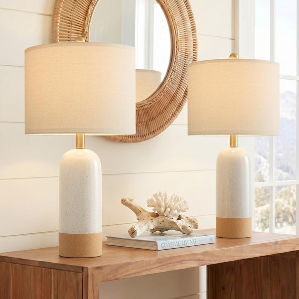 PoKat 24'' White Ceramic Table Lamps Set of 2, Farmhouse Bedside Lamps for Bedroom, Modern Nightstand Lamps for Living Room, Boho Rustic Table Lamps for Office Entryway Hallway, White & Earthy Yellow