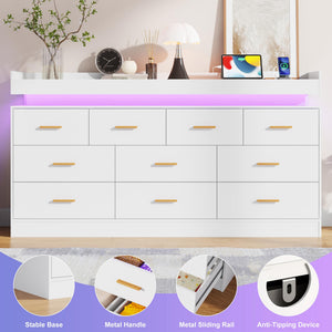 10-Drawer Dresser with Power Outlet and LED Light