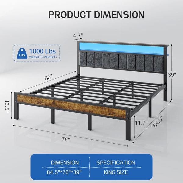 LED Bed Frame with Storage Headboard & Charging Station