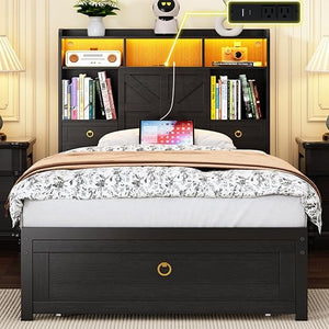 Platform Bed Frame with LED Lights, Storage Headboard & Charging Station